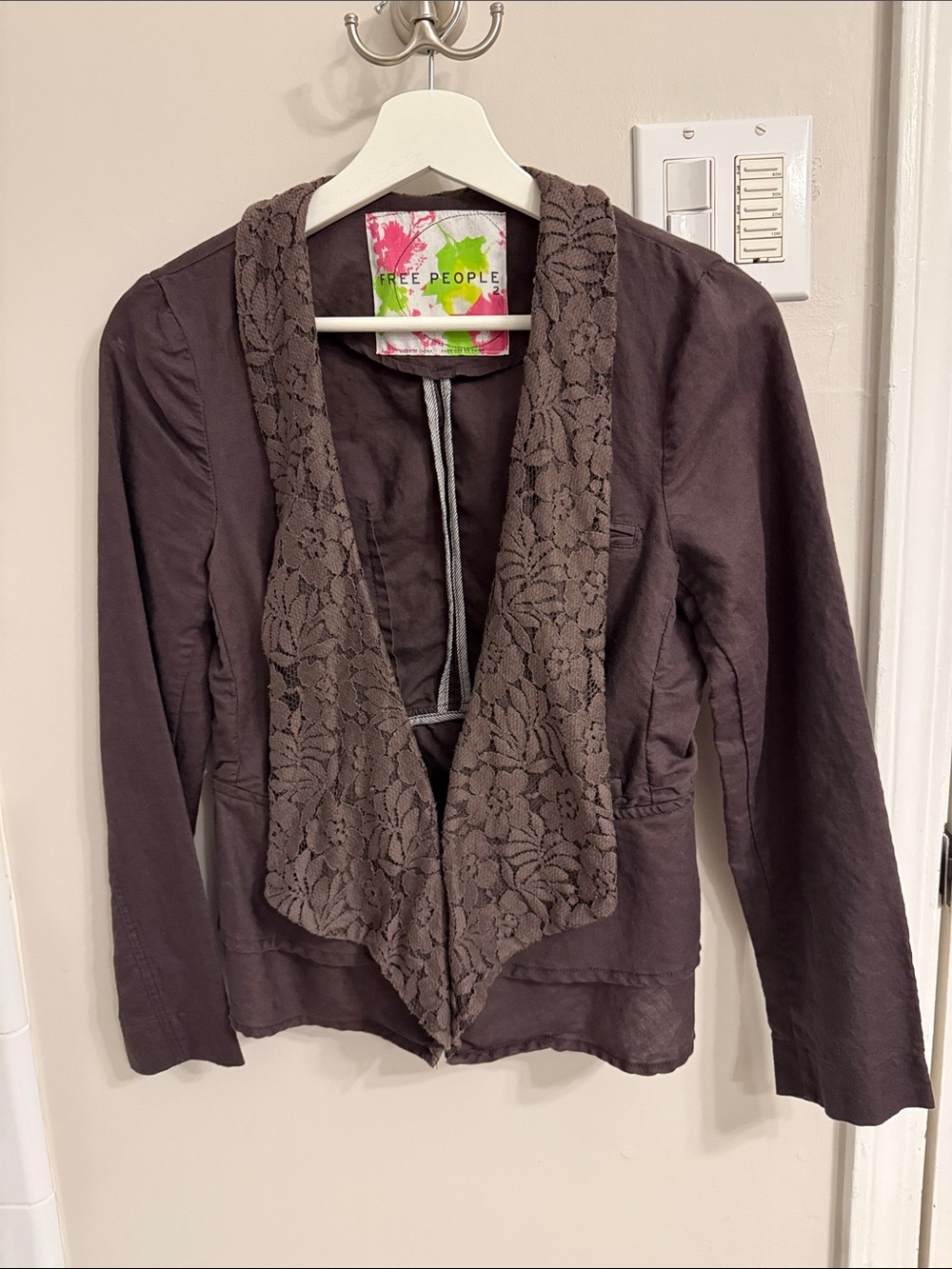 Free People Taupe Lace-Trim Open Front Jacket
